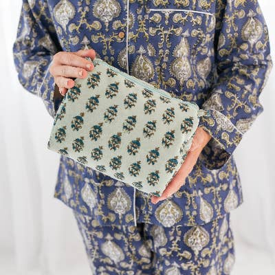 Block Print Velvet Cosmetic Pouch-Mint